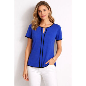 Women's FIFTY STREET Blue Short Sleeve Tee Blouse with Black Trim, Size S